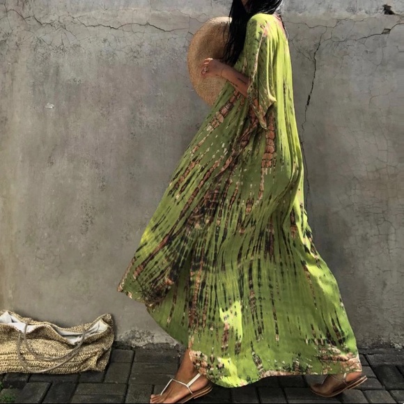 Lime Green Boho Tie Dye Kaftan Kimono Dress - Picture 3 of 6